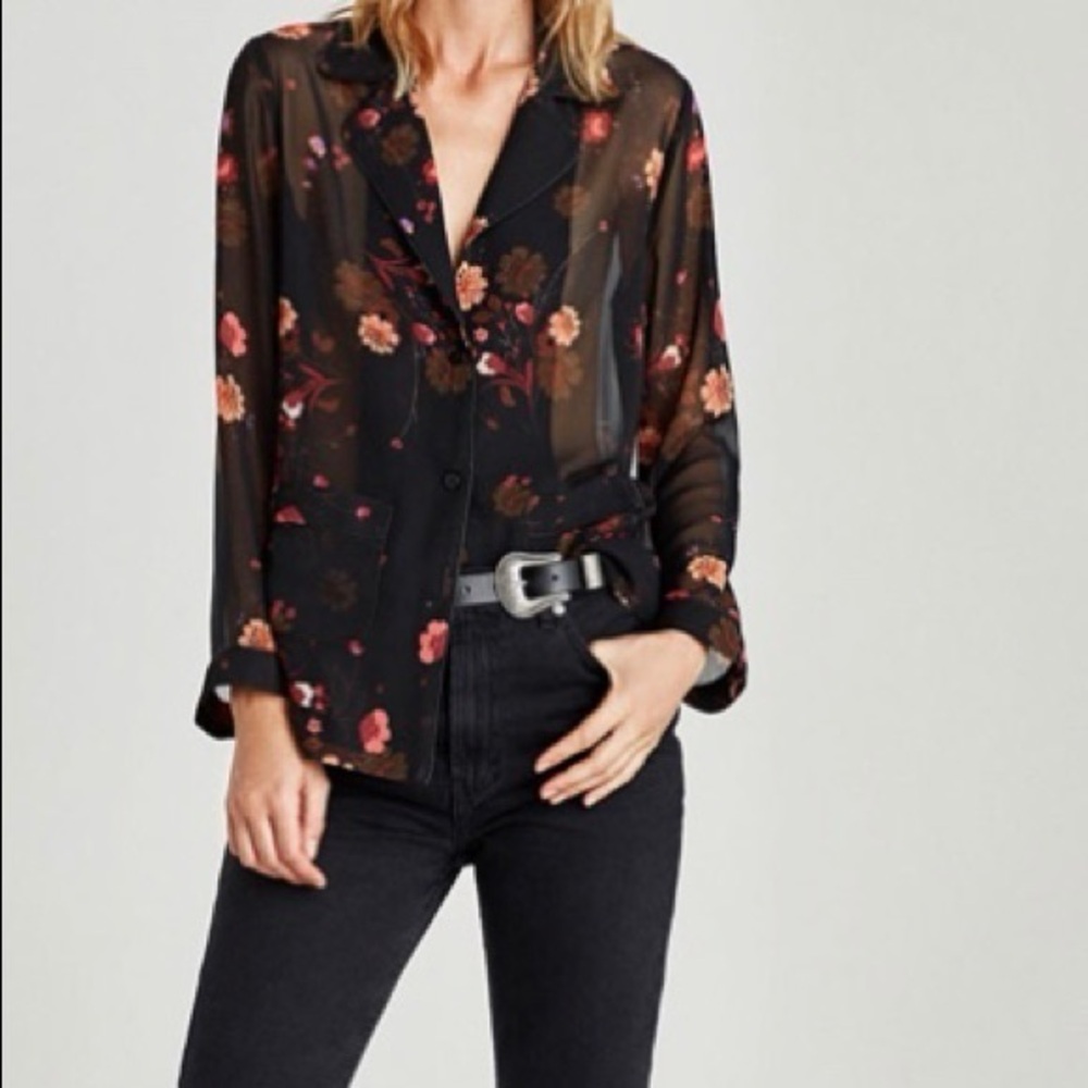 Sheer Black/Floral Oversized Blazer Sz S